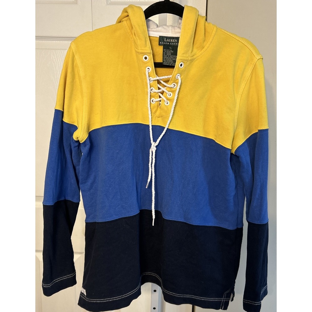 Ralph Lauren Colorblock Lace-Up Hoodie in Yellow, Blue & Navy